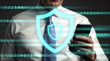 Poster - Man in White Shirt Holding Smartphone with Digital Security Shield and Binary Code Overlay for Cyber Protection