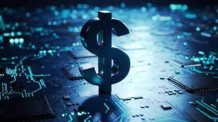 Aufkleber - Metallic Dollar Sign on Blue Circuit Board Represents Digital Finance and Modern Technology with Futuristic Data