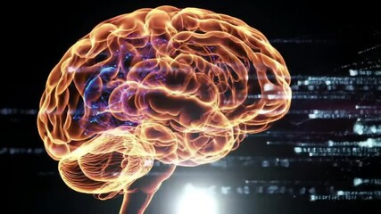 Poster - Orange Glowing Human Brain Anatomy With Digital Code Streams On Dark Background