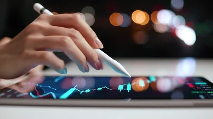 Poster - Stock Market Analysis Glowing Chart on Tablet Held by Hand Using a Digital Pen with Bokeh Lights Background