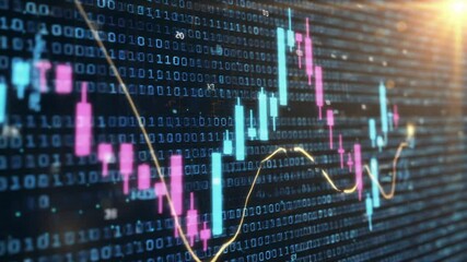 Poster - Stock Market Crash Visualized with Pink and Blue Candlestick Charts Over Binary Code Digital Backdrop