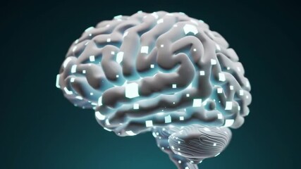 Poster - Stylized 3D Brain Model Adorned with Glowing Cubes Symbolizing Artificial Intelligence on a Dark Teal Background