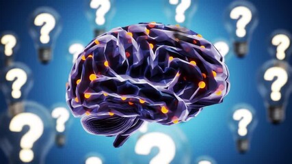 Poster - Stylized Purple Brain with Orange Dots Amidst Lightbulbs and Question Marks on Blue Background Symbolizing Ideas