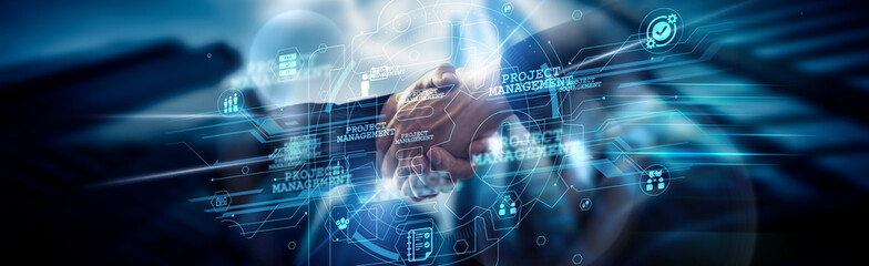 Poster - Project Management concept, ensuring timely delivery, Project Manager handshake of global network connection aligning tasks, teams, goals, deadlines, resources, risks, and outcomes.