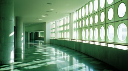 Poster - Sunlit corridor with circular windows, polished floors, and pale green walls.  Modern, minimalist architecture