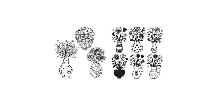 Print   Whimsical Style hand drawn quirky vases bouquets with flowers - vector set