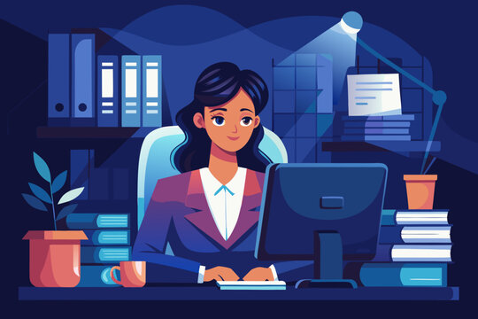 A professional woman working at her desk with a computer, books, and plant for a stylish office graphic.