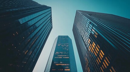 Poster - Low-angle view of three towering skyscrapers against a twilight sky.  Windows glow with interior lights