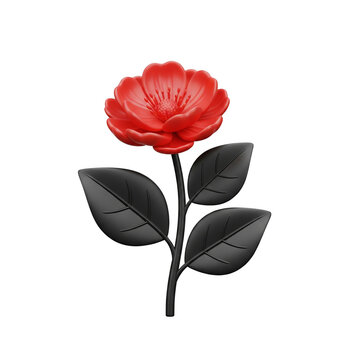A vibrant red flower with dark leaves, isolated on transparent background