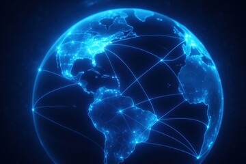 Fototapete - Global Connections: The globe glows with interconnected networks of light, symbolizing the essence of worldwide communication, business, and the digital era.