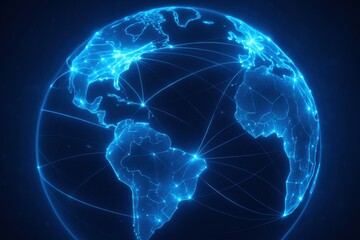 Fototapete - Global Connections: A glowing blue world map, crisscrossed with lines of light, illustrates the interconnectedness of global networks in a modern and technologically advanced depiction.