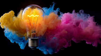 Poster - Light bulb glowing brightly amidst vibrant colorful smoke in shades of pink, blue, and yellow, creating a dynamic and artistic atmosphere, symbolizing creativity and inspiration in visual storytelling