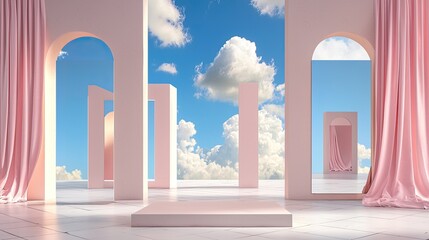Poster - Artistic installation of mirrors and fabric reflecting sky, with text area