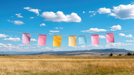 Fototapete - Colorful art banners waving in wind with open field view and copy space