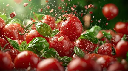Poster - Crushed tomato exploding on fabric or wall in a wild close-up, copy space above