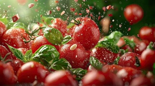 Crushed tomato exploding on fabric or wall in a wild close-up, copy space above