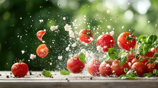 Crushed tomato exploding on fabric or wall in a wild close-up, copy space above