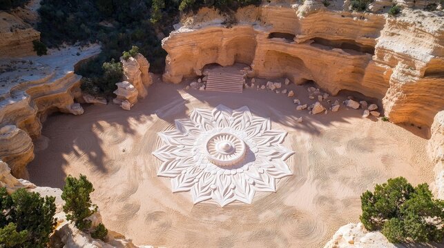 Mandala structure casting shadows on desert floor with clear text space