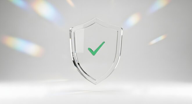 A transparent glass shield with a green check mark and subtle colorful light reflections, representing protection and validation.