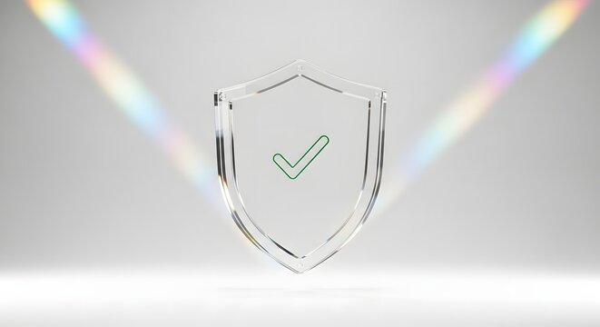 A clear glass shield with a green check mark, highlighted by colorful light reflections, symbolizing protection and trust