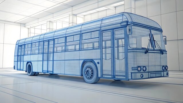 Blue Wireframe Model of a City Bus in a White Architectural Setting