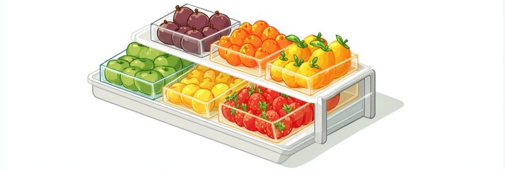 Poster - Perfectly Stacked Fruits on Isometric Fridge Shelf Showcasing Vibrant Colors and Organized Presentation for Visual Appeal and Freshness