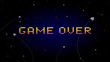 Poster - Game Over. Retro Futurism Sci-Fi Background. glowing neon grid. and stars from vintage arcade computer games, 3D game.