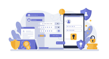 Poster - Flat design cybersecurity elements with secure login and data protection concept