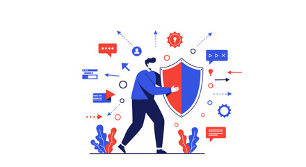 Fototapete - Digital security concept with person holding shield and technology icons