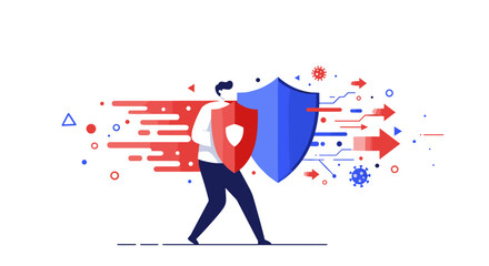 Poster - Cybersecurity protection concept with shield and digital elements in flat style