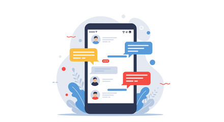 Poster - Chat interface on smartphone with colorful speech bubbles and user avatars in flat design