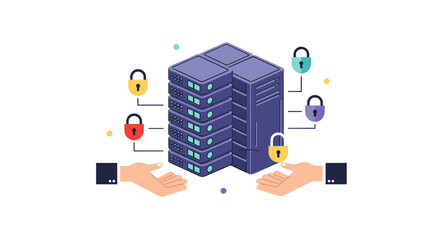 Poster - Secure data server protection with colorful locks and computer network
