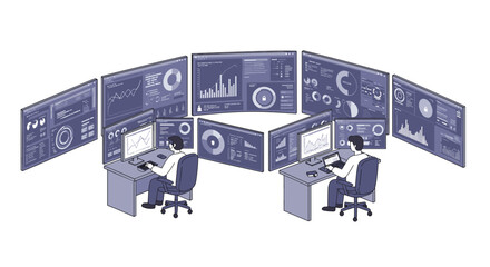 Poster - Office workers analyzing data on multiple digital dashboards in modern workspace