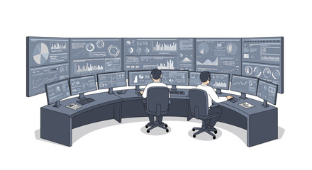 Poster - Control room with multiple screens and analysts in modern office setting