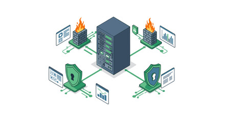 Poster - Secure network infrastructure with server, firewalls, and shields in isometric design