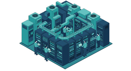 Poster - Isometric data center with servers and technicians in a cooling system environment