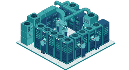 Poster - Isometric data center with server racks and it professionals