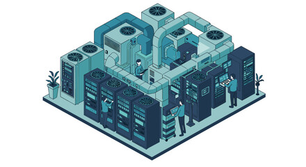 Poster - Isometric data center with technicians and cooling systems in blue tones
