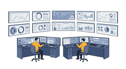 Poster - Command center with multiple screens displaying data analytics and charts in isometric style