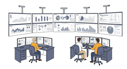 Poster - Control room monitors with data analysts reviewing charts and graphs