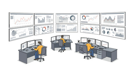 Poster - Control room with analysts monitoring data and graphs on multiple screens in isometric design