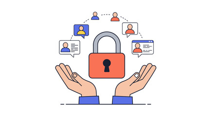 Poster - Secure communication network concept with lock and diverse user icons in flat design