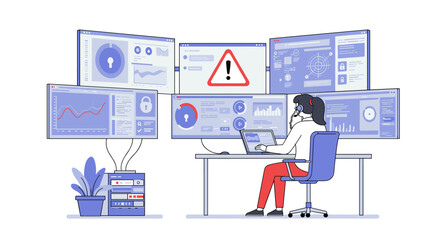 Poster - Cybersecurity analyst monitoring multiple screens in modern office