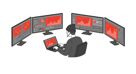Poster - Trading analyst monitoring stock trends on multiple monitors in office setting