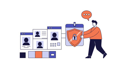 Poster - User data security concept with person holding shield in flat design