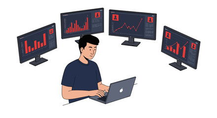 Poster - Man analyzing data on laptop surrounded by graph displays in modern workspace