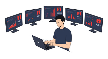 Aufkleber - Data analyst working on laptop in front of multiple screens displaying graphs and charts