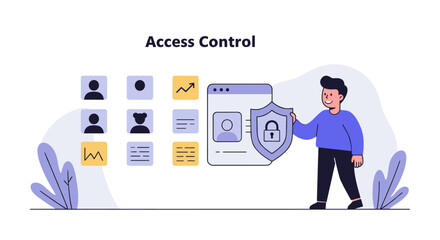 Poster - Access control security concept with user profiles and shield icon in flat design