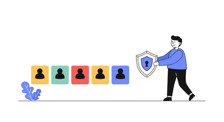 Poster - Data protection concept with person holding shield securing user profiles in colorful boxes
