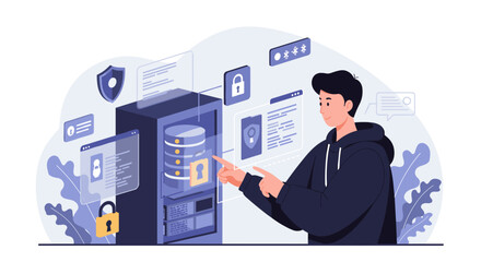 Poster - Securing data in the cloud: a young professional navigating digital security interfaces